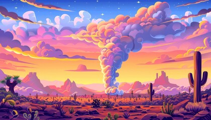 A vibrant sunset over a desert landscape with large, fluffy clouds and silhouetted mountains in the distance.