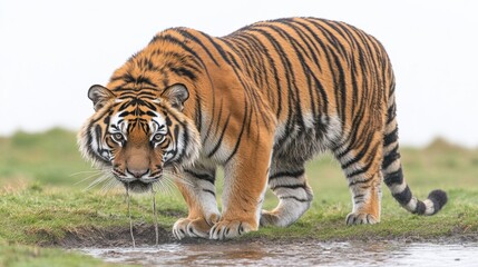 Naklejka premium Tiger approaching water natural habitat wildlife photography wetland close-up predatory behavior