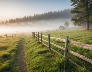 Misty Morning Meadow Landscape with Wooden Fence and Cabin