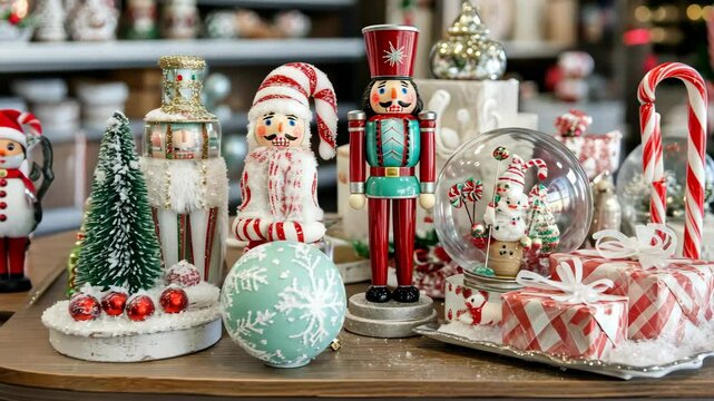 Colorful Christmas decorations showcase festive spirit with nutcrackers, ornaments, and wrapped gifts in a cozy holiday setting