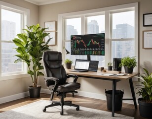 Fototapeta premium Modern Home Office Workspace with Desk and Ergonomic Chair
