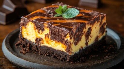 Caramel swirl cheesecake slice, chocolate background, dessert plate, food photography