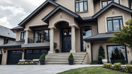 Luxury Modern Home Exterior: Elegant Stone Facade, Grand Entrance, and Landscaped Gardens. A Dream Home in a Prestigious Neighborhood.