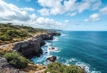 Fototapeta premium A beautiful ocean view with a rocky shoreline and a clear blue sky. The ocean is calm and the waves are small