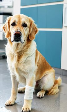 A dog with a bandaged leg sits on a tile floor. The dog appears to be in pain and is looking at the camera