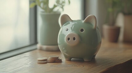A ceramic piggy bank on a wooden surface with a few coins next to it, symbolizing the concept of saving money. The background is clear and spacious, allowing for advertising placement.