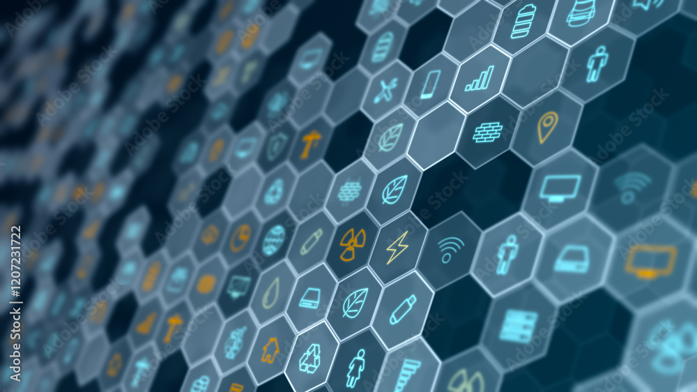 Wall mural blue technology futuristic icons with hexagon shape abstract background concepts