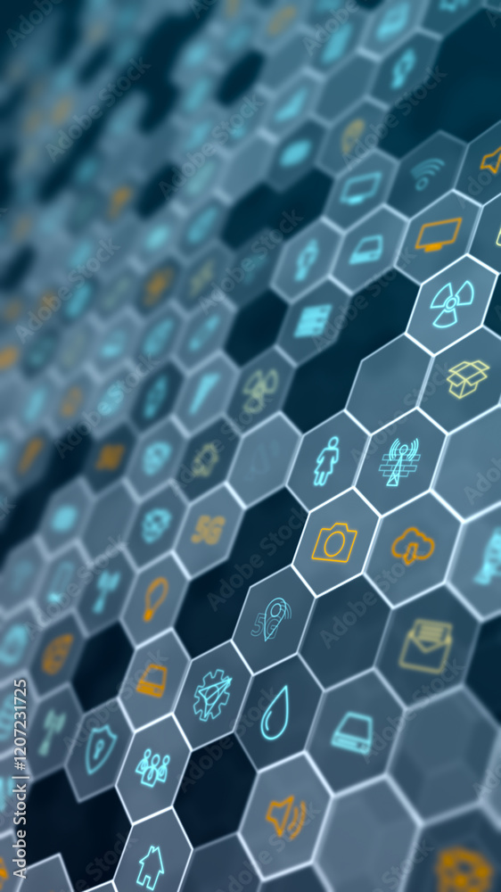 Wall mural blue technology futuristic icons with hexagon shape abstract background vertical