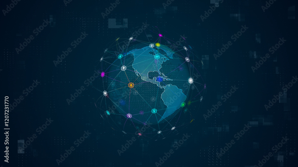 Wall mural blue technology icon and hexagon shape with earth sphere rotation on futuristic abstract background 