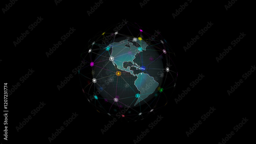 Wall mural blue technology icon and hexagon shape with earth sphere rotation on futuristic abstract background 