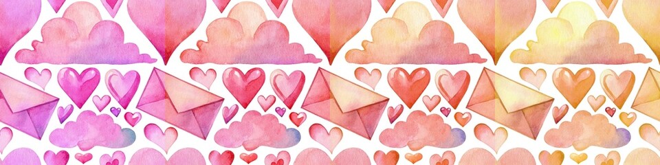 Colorful watercolor pattern featuring hearts, clouds, and envelopes for romantic themes and celebrations