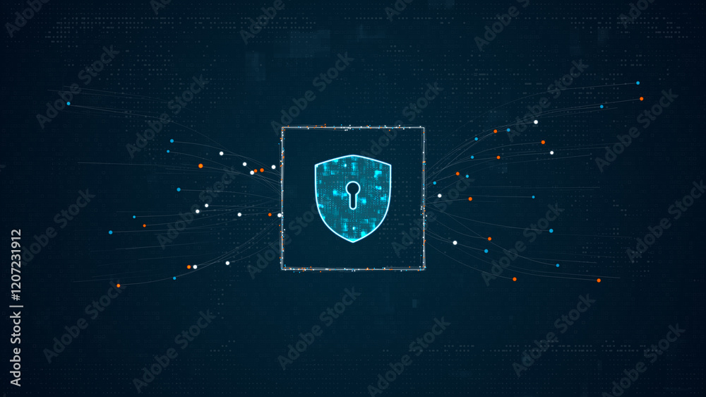 Poster blue digital security shield logo with particles dot spread on abstract background with network fire