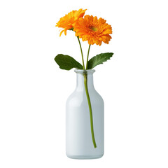 A glass bottle holds vibrant orange flowers with green leaves, creating a cheerful and lively display.