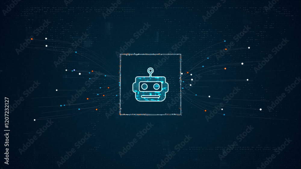 Poster blue digital robot head ai assistant logo with particles dot spread on abstract background with ai c
