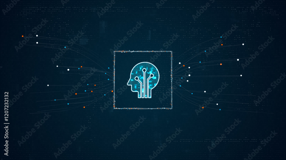 Poster blue digital robot head ai assistant logo with particles dot spread on abstract background with ai c