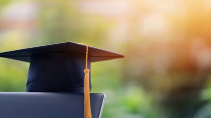 Graduation cap on laptop, outdoors, sunny, education