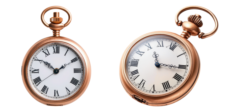 Two vintage pocket watches with Roman numerals, featuring elegant designs and a warm copper finish.