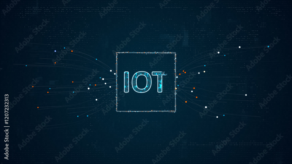 Wall mural blue digital iot logo with particles dot spread on abstract background with internet of things conce