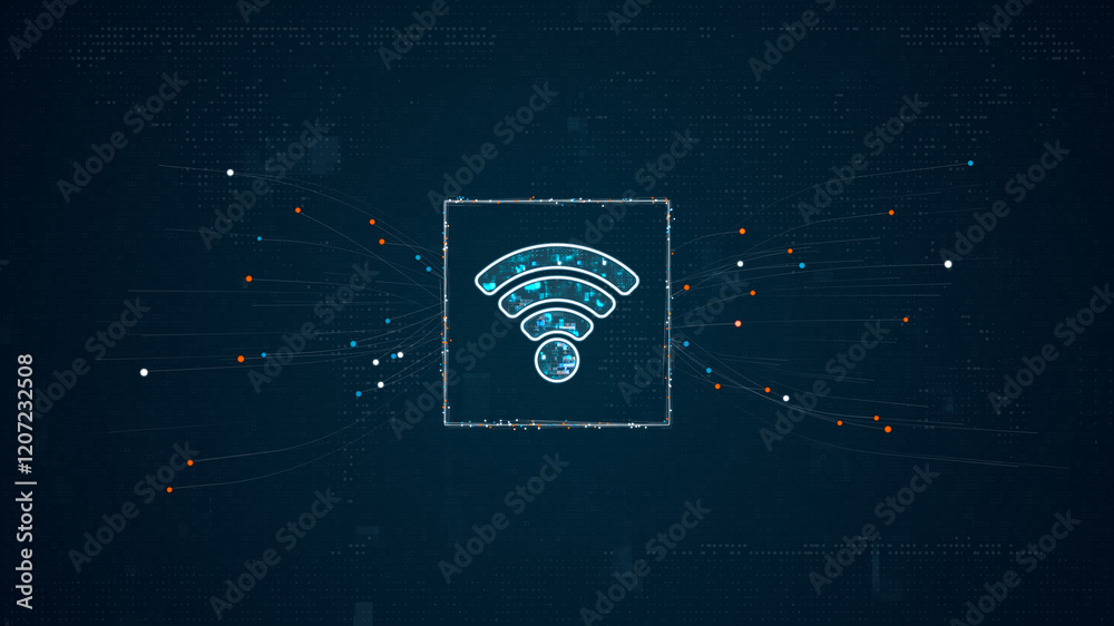 Poster blue digital wifi logo with particles dot spread on abstract background with data transfer and wirel