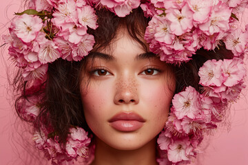 Stunning portrait of a tanned Asian woman surrounded by vibrant pink flowers against a soft backdrop