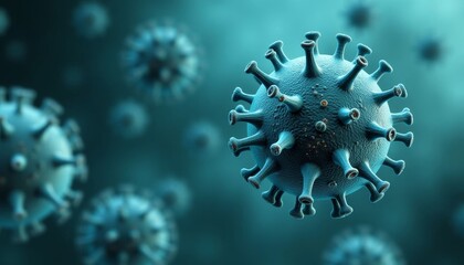 Close-up of blue virus cells on blurred background