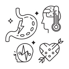 Stomach ache and pain related editable outline icons.