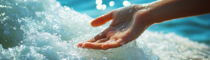 Fototapeta premium A hand interacting with ocean waves, showcasing nature's beauty.