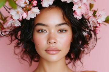 Naklejka premium Beautiful tanned Asian woman with curly hair adorned by pink cherry blossoms against a soft pink background in a light-filled ambiance