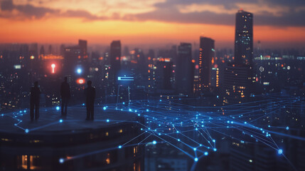 Fototapeta premium abstract professional business team people connection of line from nail node to node on Smart digital cityscap and skyline background , Innovation networking concept