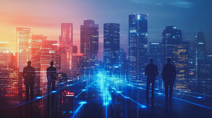 abstract professional business team people connection of line from nail node to node on Smart digital cityscap and skyline background , Innovation networking concept