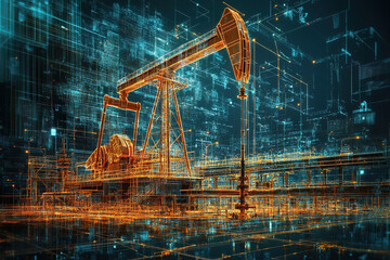 Obraz premium Oil pump diagram image against neon lines and graphs. Oil industry concept. Generated by artificial intelligence