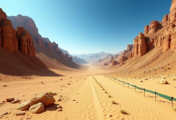Desert landscape with a path and a green fence