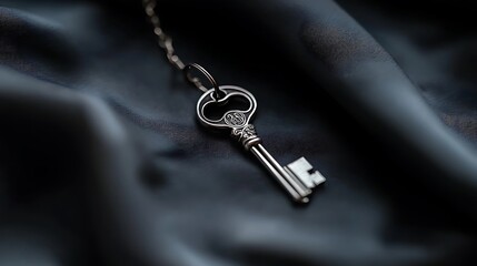 Antique key on dark fabric, success concept, close-up