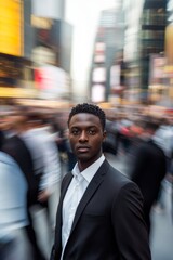 Fototapeta premium An Amerfican African man, wearing a white shirt and black suit, standing on the street surrounded by people moving quickly around him. With a city background, cinematic style.