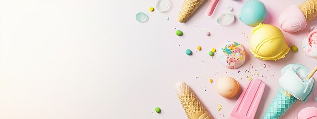 Fototapeta premium Colorful assortment of ice cream cones and popsicles arranged on a pastel background inviting summer fun and delicious indulgence