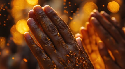 Hands in Prayer Symbolizing Religion and Faith. Close-up of hands joined in prayer with golden light and sparkles, representing spirituality, religion, and devotion.
