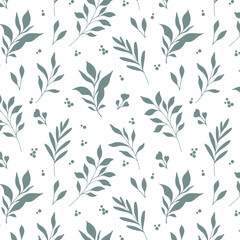 Floral seamless pattern. Greenery background.  Eco friendly background. Foliage, branches, leaves, plants hand drawn silhouette design. Elegant seamless background endless pattern minimalist style