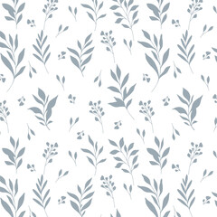 Floral seamless pattern. Greenery background.  Eco friendly background. Foliage, branches, leaves, plants hand drawn silhouette design. Elegant seamless background endless pattern minimalist style