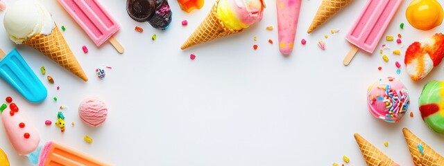 Fototapeta premium Colorful ice cream cones and popsicles arranged on a white background for a playful summertime treat display inviting joy and fun