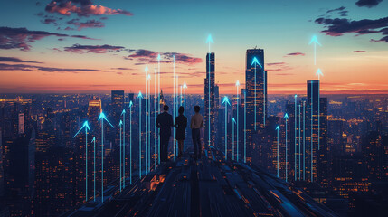 Fototapeta premium abstract professional business team people connection of line from nail node to node on Smart digital cityscap and skyline background , Innovation networking concept