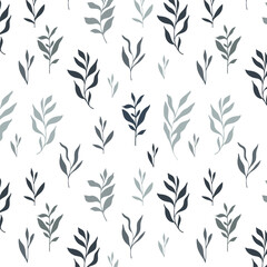 Floral seamless pattern. Greenery background.  Eco friendly background. Foliage, branches, leaves, plants hand drawn silhouette design. Elegant seamless background endless pattern minimalist style