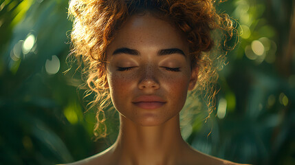 Serene Portrait of a Person Meditating Outdoors Amid Lush Greenery
