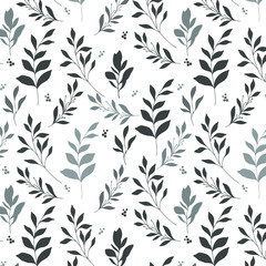 Floral seamless pattern. Greenery background.  Eco friendly background. Foliage, branches, leaves, plants hand drawn silhouette design. Elegant seamless background endless pattern minimalist style
