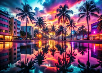 Obraz premium Minimalist Dusk: Palm Trees & Neon Reflections in Miami South Beach Puddle