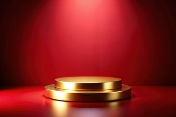 Red Background Silhouette Gold Podium Product Display Mockup - Empty Stage for Branding