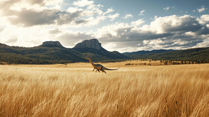 Wide shot of a lone dinosaur strolling through golden grasslands against a dramatic mountain...