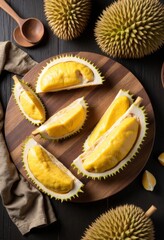Fototapeta premium Durian fruit cut open with wooden board and spoon.