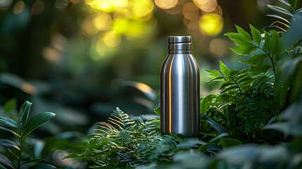 Close-Up of a Reusable Stainless Steel Water Bottle with a Sleek Metallic Finish and Eco-Friendly Design