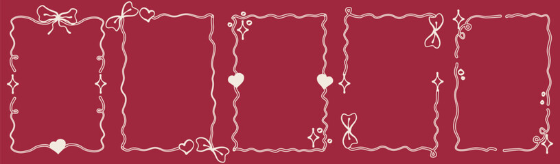 Vintage coquette frame with heart and star. Coquette style for valentine day and romantic design. Cute frame, wavy line and elegant bow. Vector illustration