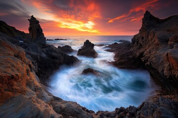 Fototapeta premium Dramatic Coastal Sunrise with Vibrant Sky and Rough Rocks, Capturing the Beauty of Nature and the Serenity of Ocean Waves in a Stunning Seascape Scene